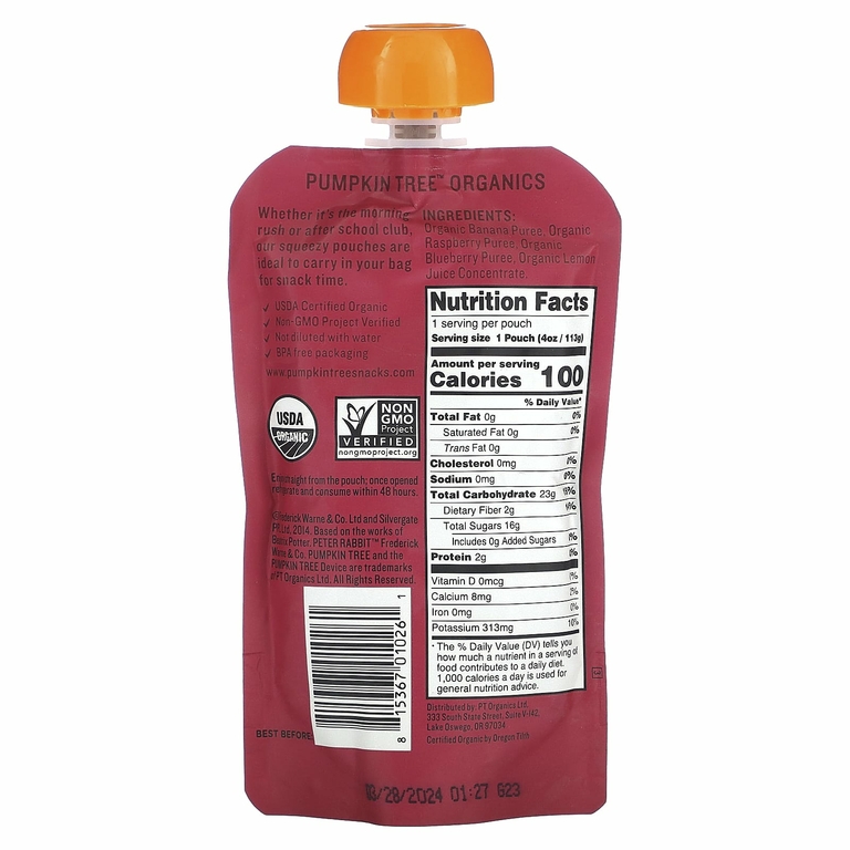 Pumpkin Tree Organics, Peter Rabbit Organics, органическое фруктовое пюре, банан, малина и голубика, 113 г (4 унции)