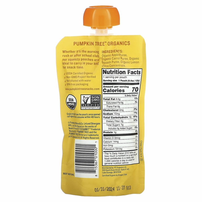 Pumpkin Tree Organics, Peter Rabbit Organics, органическое фруктовое и овощное пюре, яблоко, морковь и тыква, 125 г (4,4 унции) (Товар снят с продажи) 