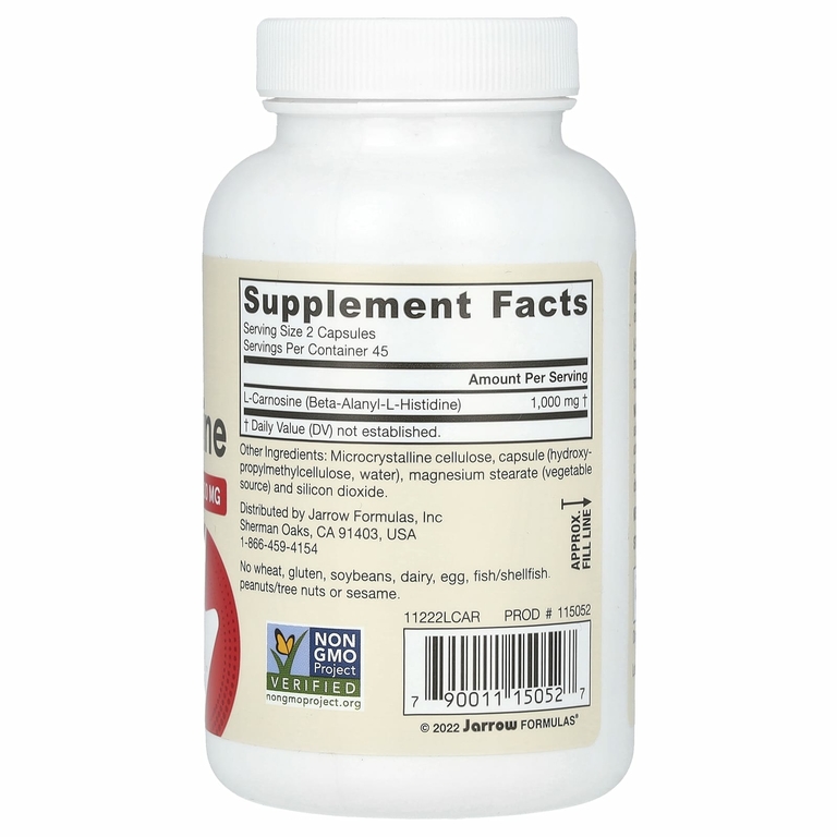 Jarrow Formulas, L-карнозин, 1000 мг, 90 растительных капсул (500 мг в 1 капсуле)