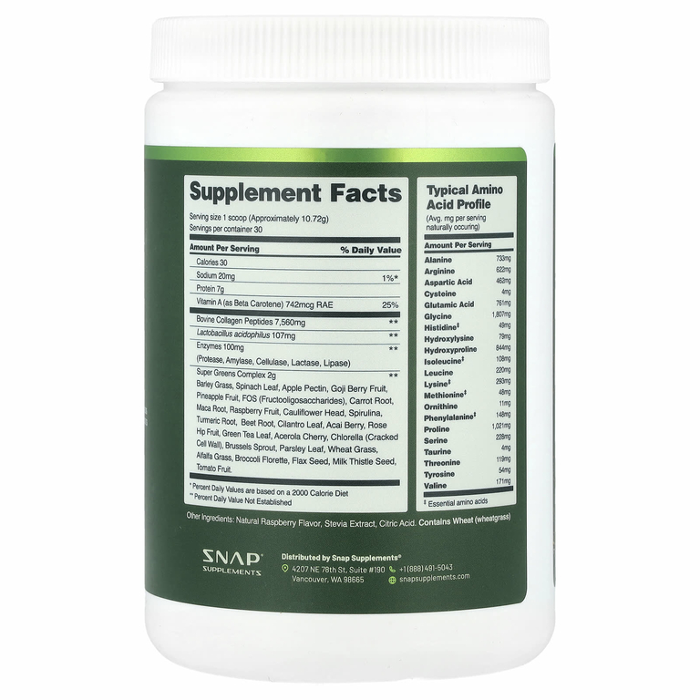 Snap Supplements, Collagen & Greens, малина, 321,6 г (11,34 унции)