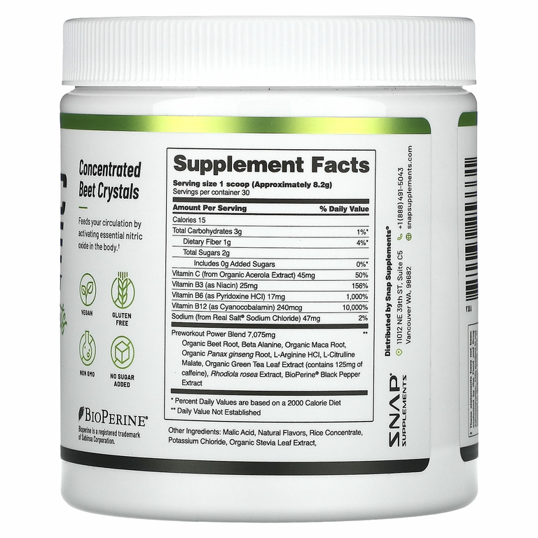 Snap Supplements, Оксид азота с органической свеклой перед тренировкой, 250 г (8,8 унции)