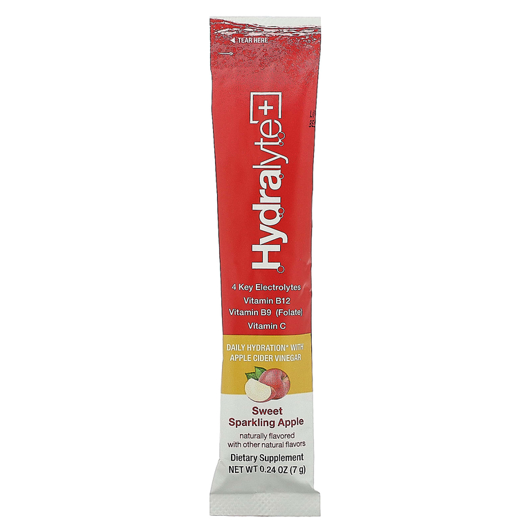 Hydralyte, Hydralyte Plus+, шипучий электролитный порошок, со вкусом яблочного уксуса, 30 пакетиков по 7 г (0,24 унции)