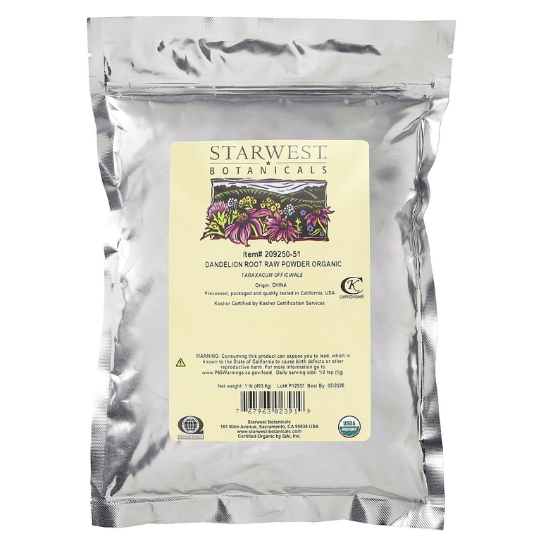 Starwest Botanicals, Органический необработанный порошок из корня одуванчика, 453,6 г (1 фунт)
