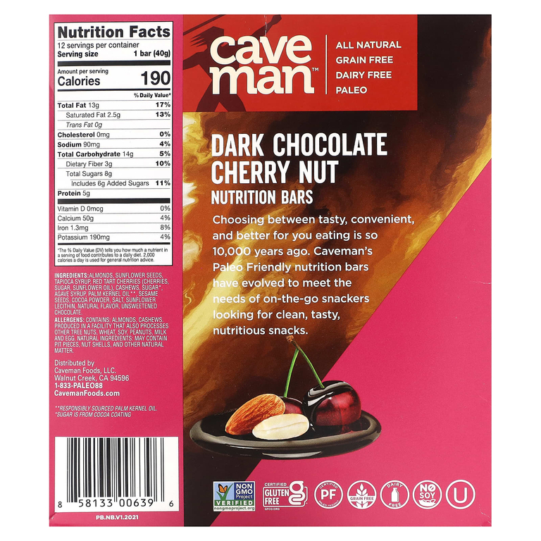 Caveman Foods, Nutrition Bar, темный шоколад, вишня, орехи, 12 батончиков, по 40 г (1,41 унции) (Товар снят с продажи) 