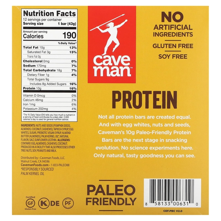 Caveman Foods, Protein Bar, соленое миндальное масло, 12 батончиков, 43 г (1,52 унции) (Товар снят с продажи) 