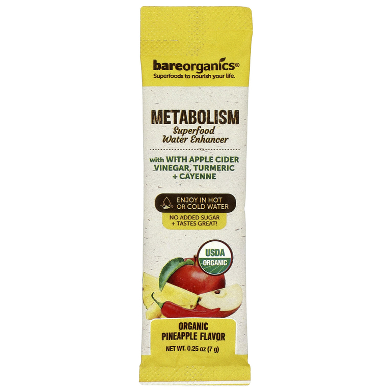 BareOrganics, Metabolism, Superfood Water Enhancer, органический ананас, 5 пакетиков в стиках, 7 г (0,25 унции)