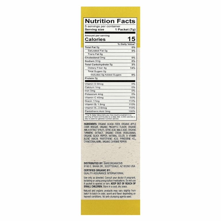 BareOrganics, Metabolism, Superfood Water Enhancer, органический ананас, 5 пакетиков в стиках, 7 г (0,25 унции)