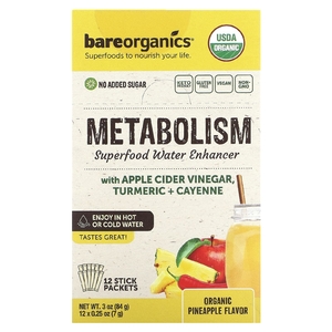 BareOrganics, Метаболизм, суперпродукты, улучшающие содержание воды, органический ананас, 12 пакетиков в виде стиков по 7 г (0,25 унции)