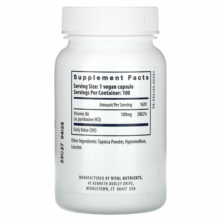 Vital Nutrients, Витамин B6, 100 мг, 100 веганских капсул