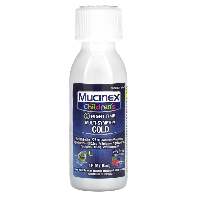 Mucinex, Children's, средство от простуды, перед сном, для детей от 6 лет, с ягодным вкусом, 118 мл (4 жидк. унции)
