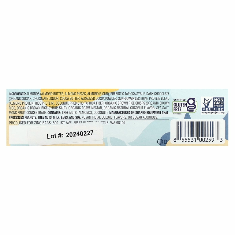 Zing Bars, мини-батончики на растительной основе, темный шоколад с кокосом в миндальной пасте, 18 батончиков по 24 г (0,84 унции)