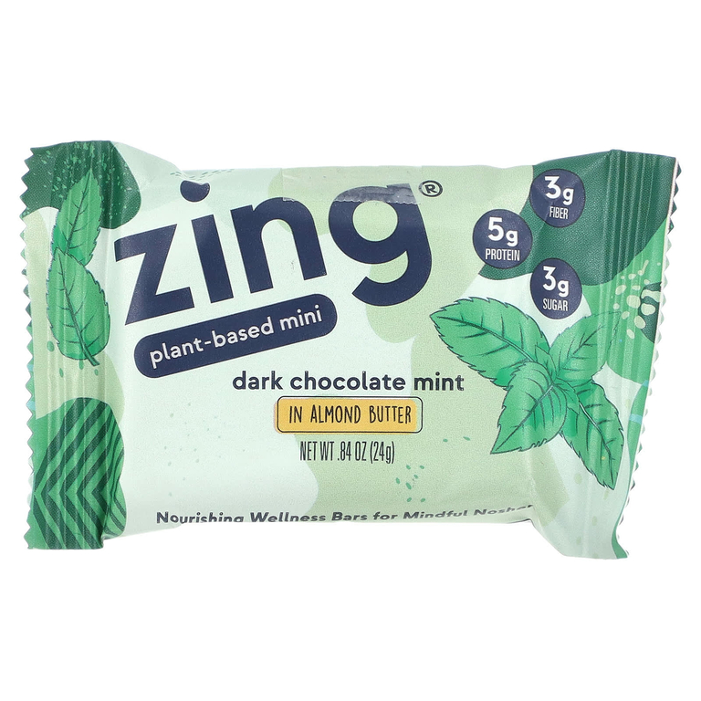 Zing Bars, мини-батончик на растительной основе, темный шоколад, мята и миндальная паста, 18 батончиков по 24 г (0,84 унции)
