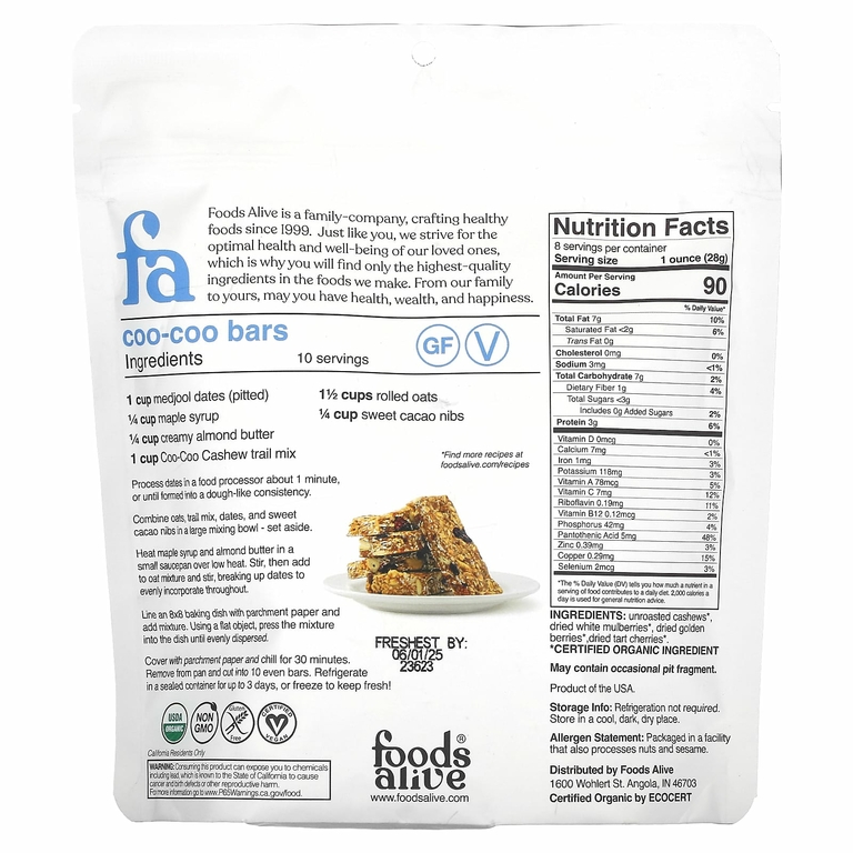 Foods Alive, Organic Trail Mix, Coo, Coo, кешью, 227 г (8 унций)