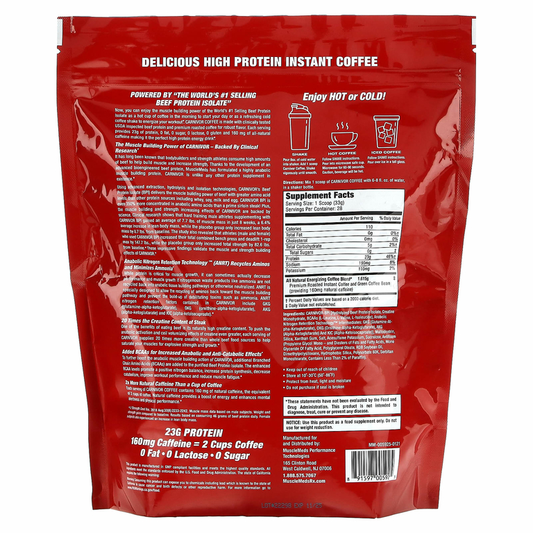 MuscleMeds, Carnivor Coffee, изолят говяжьего белка, полученный путем биоинженерии, со вкусом обжаренного кофе премиального качества, 924 г (2,04 фунта)