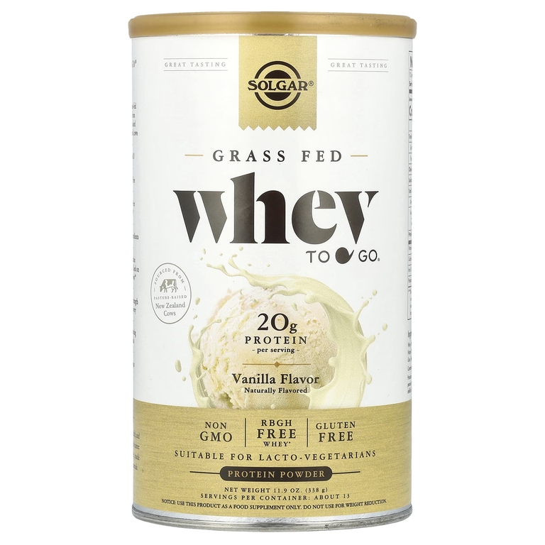 Solgar, Grass Fed Whey To Go®, протеиновый порошок, ваниль, 338 г (11,9 унции)