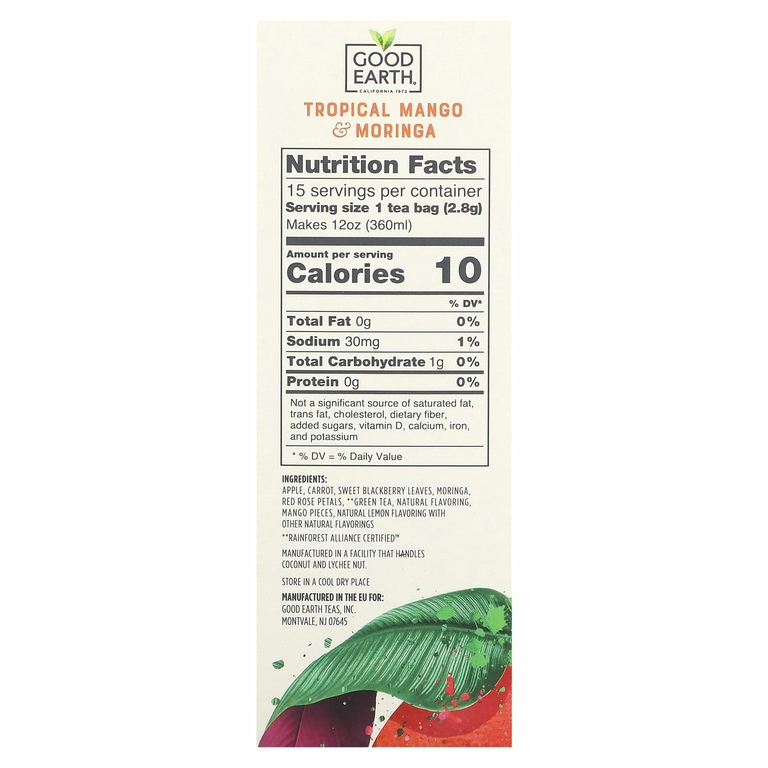 Good Earth Teas, Sensorial Blends, Herbal Tea, Tropical Mango & Moringa, 15 Biodegradable Teabags, 1.48 oz (42 g)