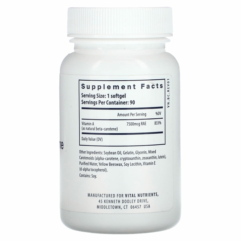 Vital Nutrients, Натуральный бета-каротин, 90 мягких таблеток (7500 мкг RAE в одной капсуле)