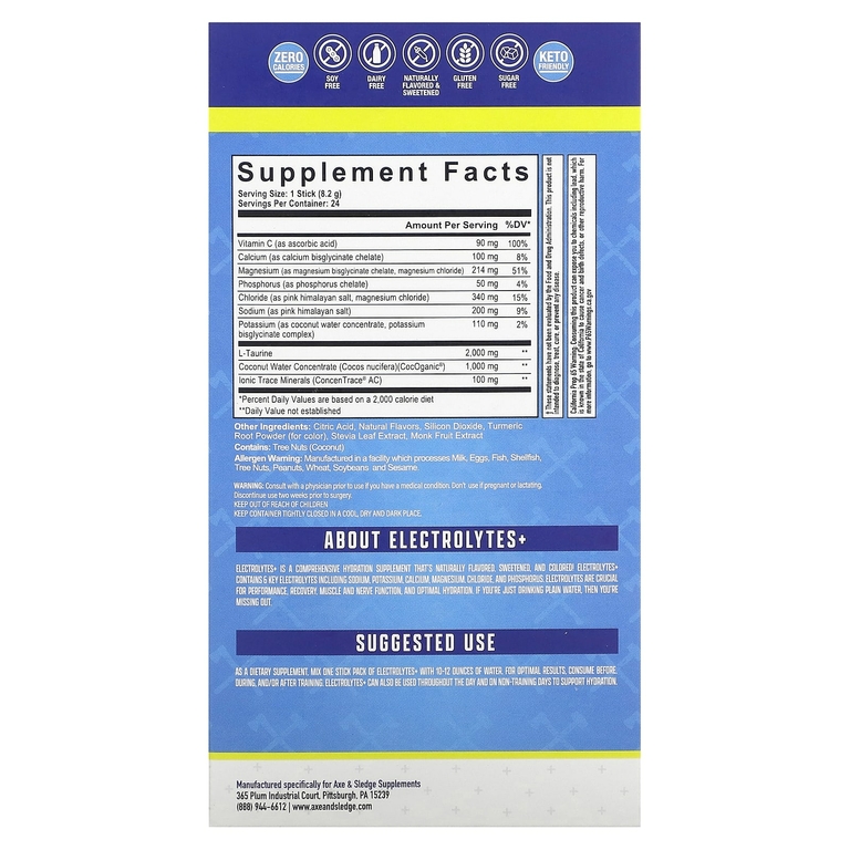 Axe & Sledge Supplements, Electrolytes+, лимон и лайм, 24 пакетика по 8,2 г (0,29 унции)