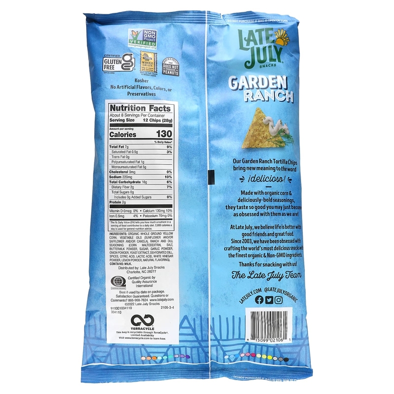 Late July, чипсы тортилья, Garden Ranch, 221 г (7,8 унции) (Товар снят с продажи) 