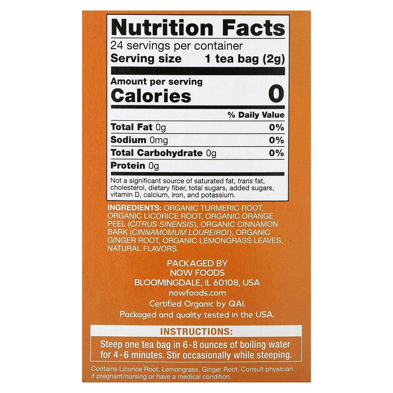 NOW Foods, органическая куркума и имбирь, без кофеина, 24 чайных пакетика, 48 г (1,7 унции)