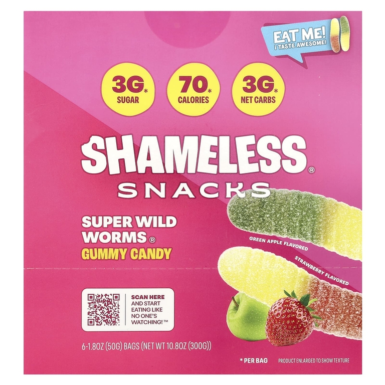 Shameless Snacks, Жевательные конфеты Super Wild Worms®, зеленое яблоко и клубника, 6 пакетиков по 50 г (1,8 унции)