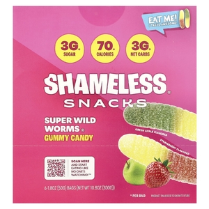 Shameless Snacks, Жевательные конфеты Super Wild Worms®, зеленое яблоко и клубника, 6 пакетиков по 50 г (1,8 унции)