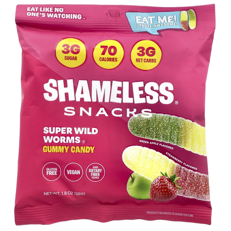 Shameless Snacks, Жевательные конфеты Super Wild Worms®, зеленое яблоко и клубника, 6 пакетиков по 50 г (1,8 унции)