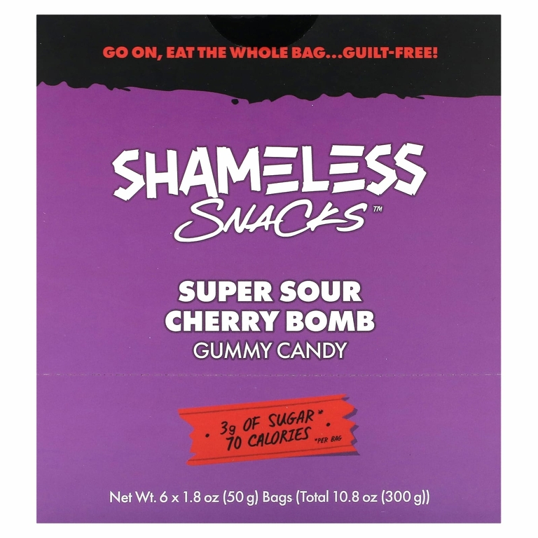 Shameless Snacks, суперкислая жевательная конфета, со вкусом вишни, 6 пакетиков по 50 г (1,8 унции)