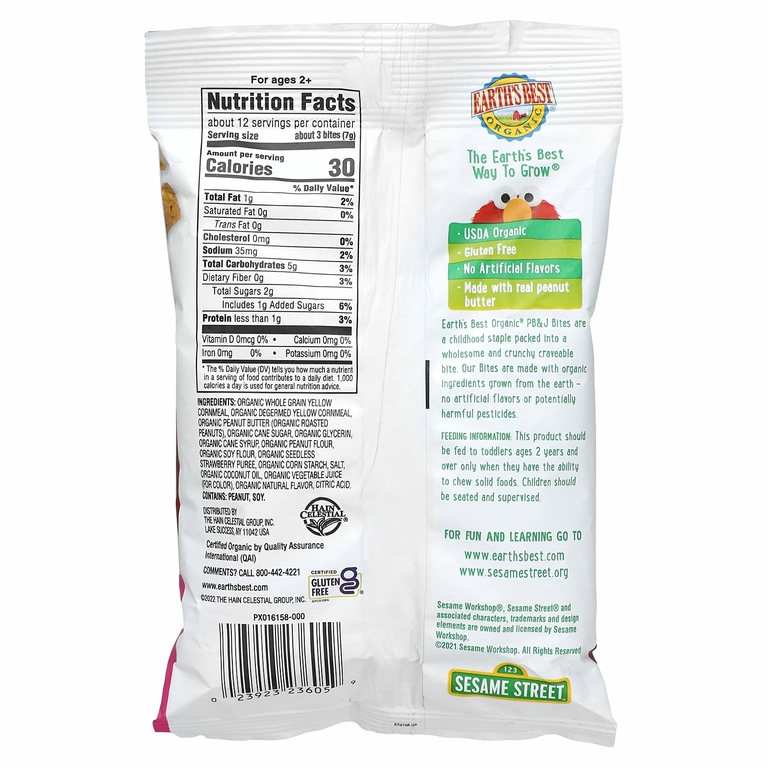 Earth's Best, Organic PB&J Bites, для детей от 2 лет, арахисовое масло и клубника, 85 г (3 унции) (Товар снят с продажи) 