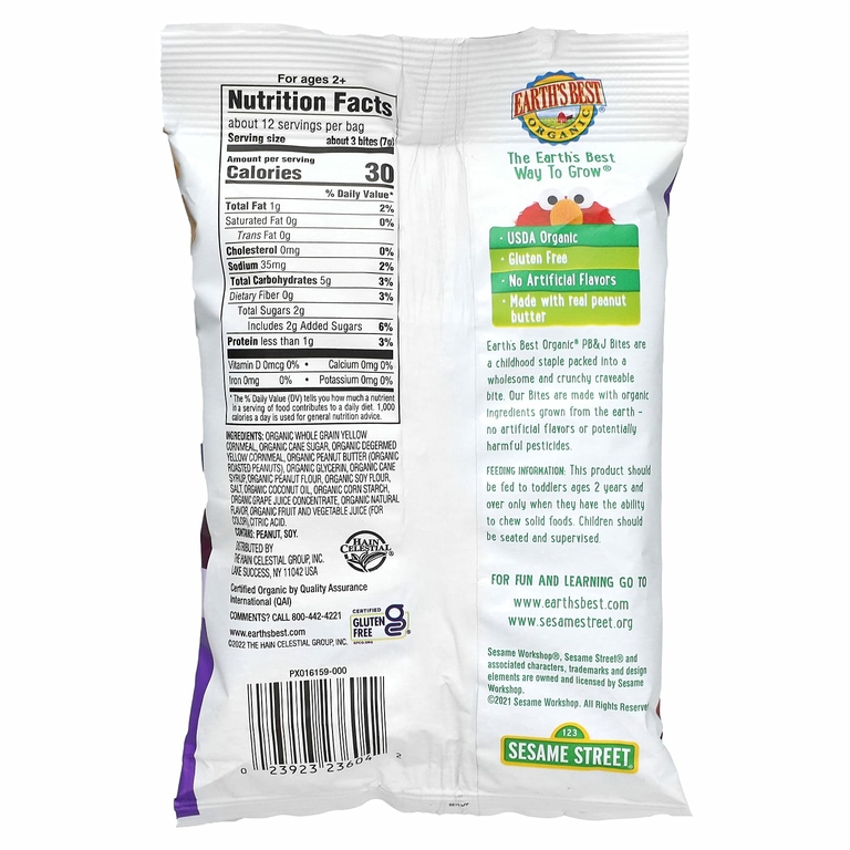 Earth's Best, Organic PB&J Bites, для детей от 2 лет, арахисовое масло и виноград, 85 г (3 унции) (Товар снят с продажи) 