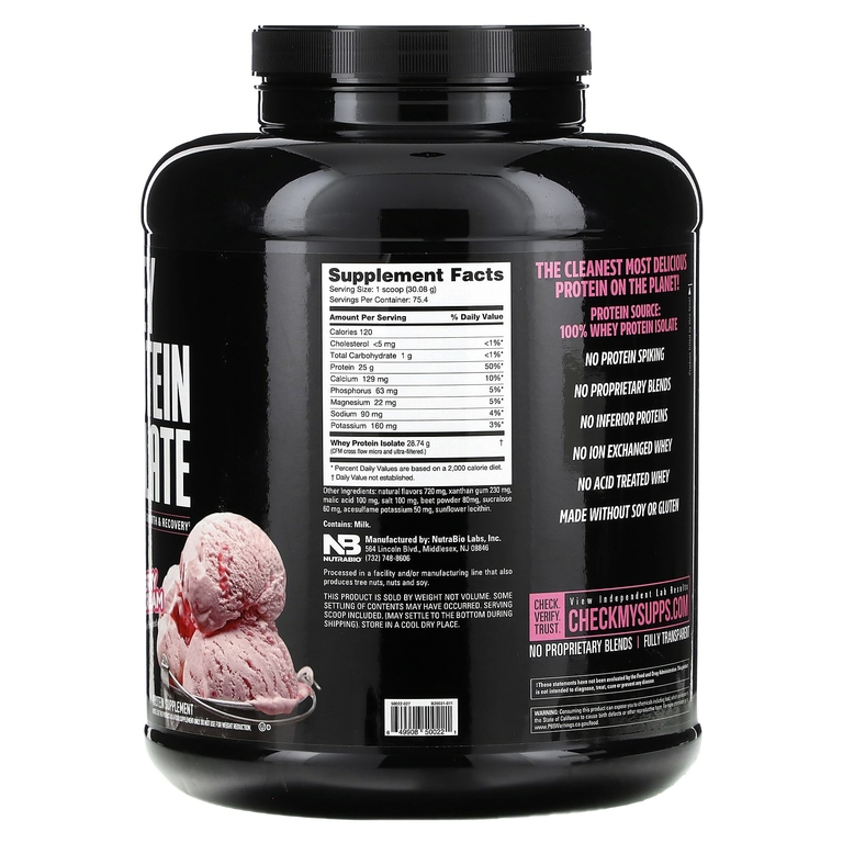 NutraBio, изолят сывороточного протеина, со вкусом клубничного мороженого, 2268 г (5 фунтов)