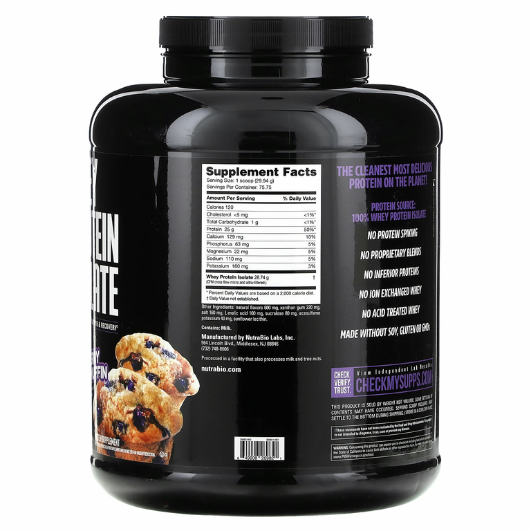 NutraBio, изолят сывороточного протеина, со вкусом голубики, 2268 г (5 фунтов)