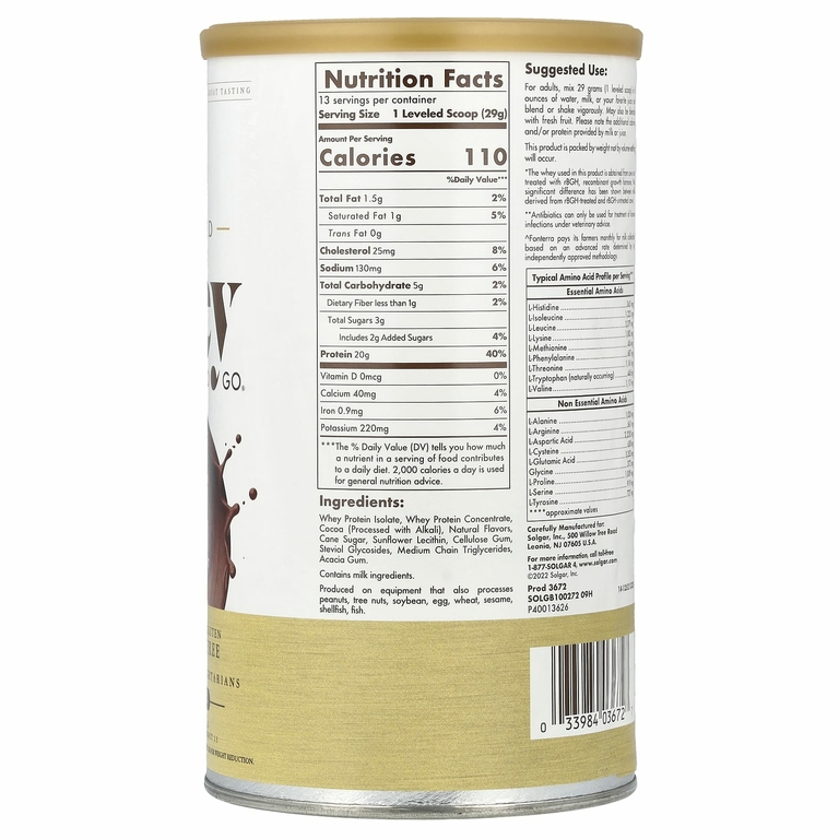 Solgar, Grass Fed Whey To Go®, протеиновый порошок, шоколад, 377 г (13,2 унции)