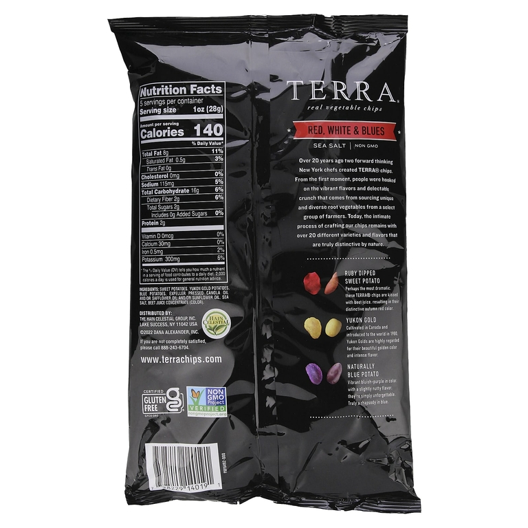 Terra, настоящие овощные чипсы, красные, белые и голубые, с морской солью, 141 г (5 унций)