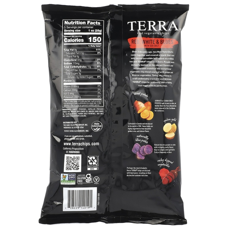 Terra, Настоящие овощные чипсы, красные, белые и голубые с морской солью, 141 г (5 унций)
