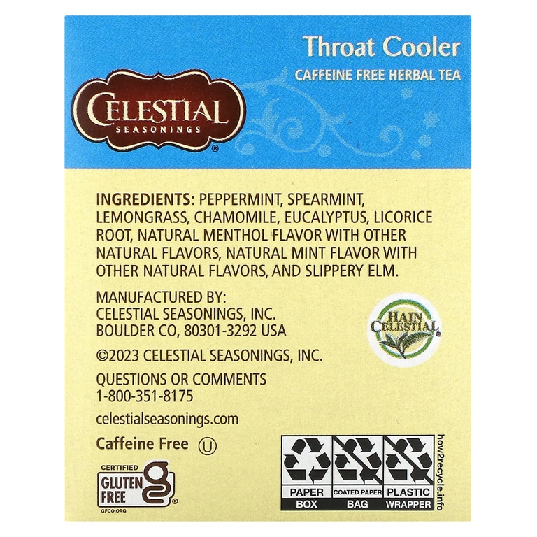 Celestial Seasonings, травяной чай, охлаждающая смесь для горла, без кофеина, 16 чайных пакетиков, 27 г (0,96 унции)