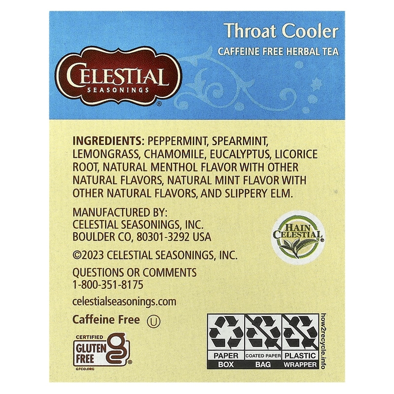 Celestial Seasonings, травяной чай, охлаждающая смесь для горла, без кофеина, 16 чайных пакетиков, 27 г (0,96 унции)