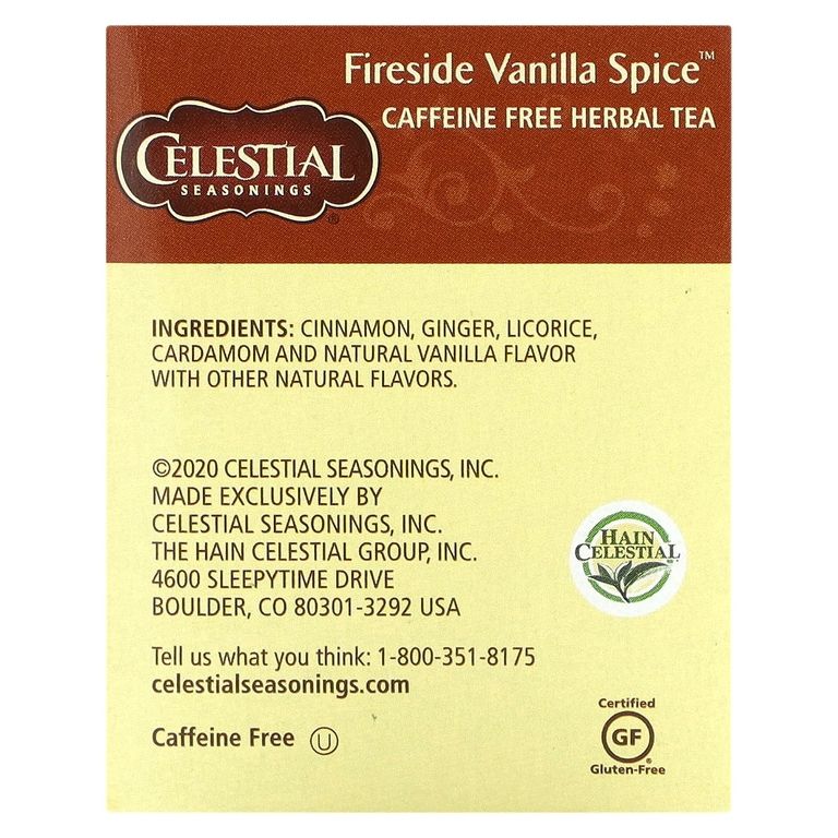 Celestial Seasonings, травяной чай, со вкусом ванили, без кофеина, 20 чайных пакетиков по 43 г (1,5 унции)
