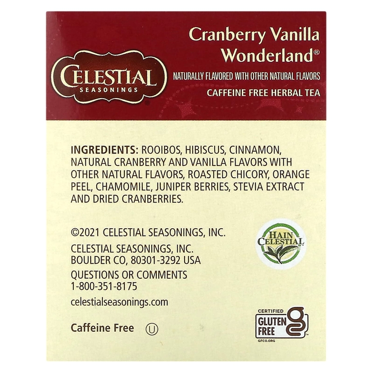 Celestial Seasonings, травяной чай к празднику, клюква и ваниль, без кофеина, 18 чайных пакетиков, 38 г (1,3 унции)