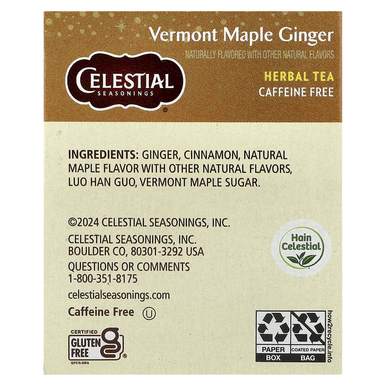 Celestial Seasonings, травяной чай, вермонтский кленовый сироп и имбирь, без кофеина, 20 чайных пакетиков, 31 г (1,1 унции)