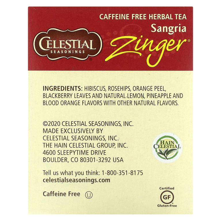 Celestial Seasonings, травяной чай, сангрия зингер, без кофеина, 20 чайных пакетиков по 42 г (1,5 унции)