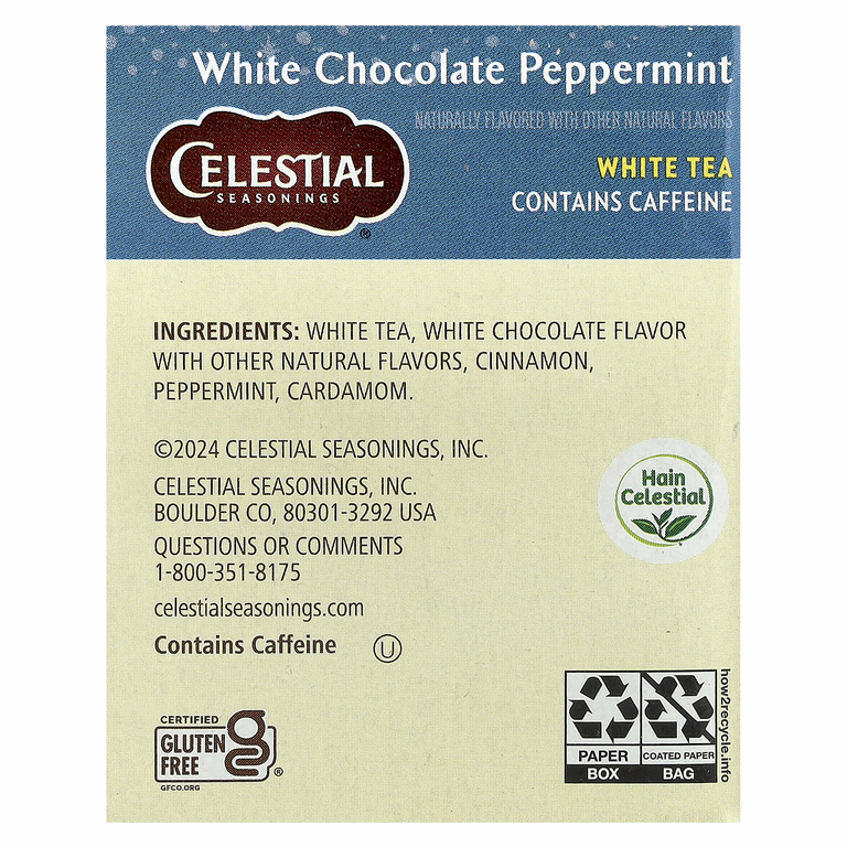 Celestial Seasonings, белый чай, белый шоколад и перечная мята, 20 чайных пакетиков, 25 г (0,9 унции)