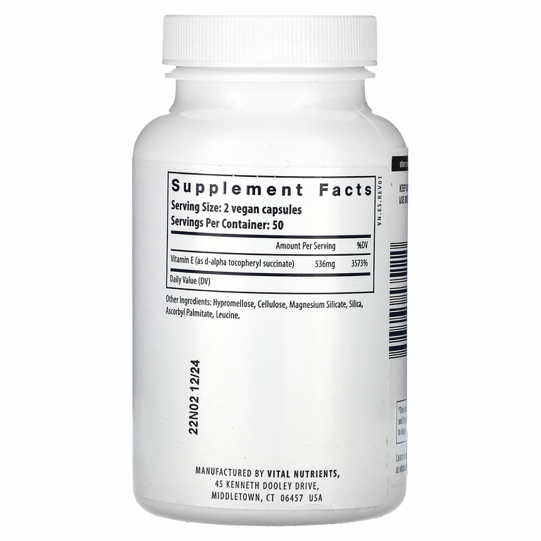 Vital Nutrients, сукцинат витамина E, 100 веганских капсул (Товар снят с продажи) 