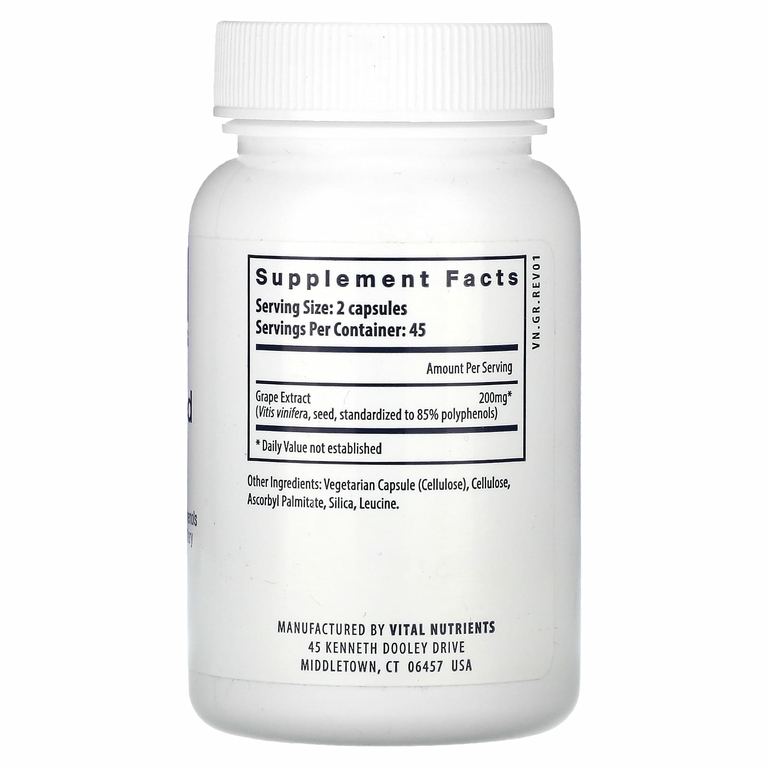 Vital Nutrients, Экстракт виноградных косточек, 200 мг, 90 веганских капсул (100 мг в каждой капсуле)