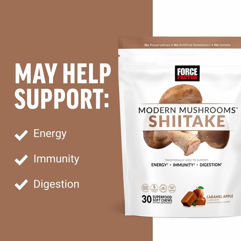 Force Factor, Modern Mushrooms, шиитаке, карамель и яблоко, 30 жевательных таблеток с суперфудами