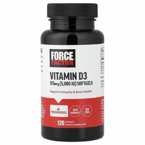 Force Factor, высокоактивный витамин D3, 125 мкг (5000 МЕ), 120 капсул