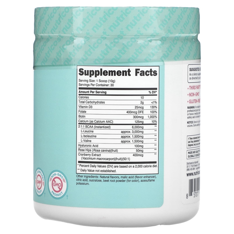 Nutricost, BCAA для женщин, с гиалуроновой кислотой, фолатом, биотином и кальцием, арбуз, 288 г (10,2 унции)