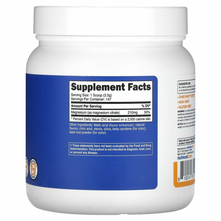 Nutricost, цитрат магния, со вкусом персика и манго, 500 г (17,9 унции)