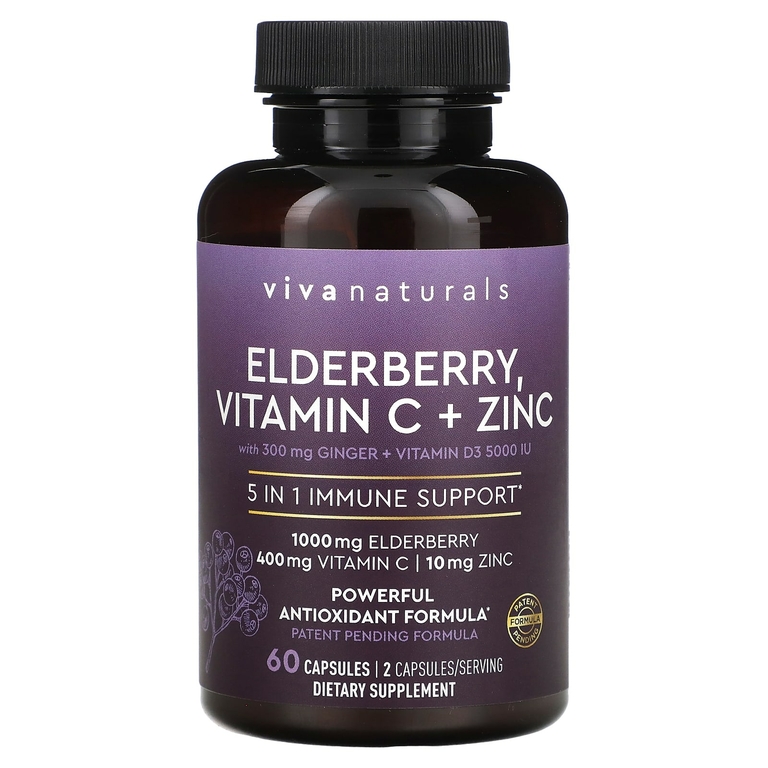 Viva Naturals, бузина, витамин C и цинк, 60 капсул