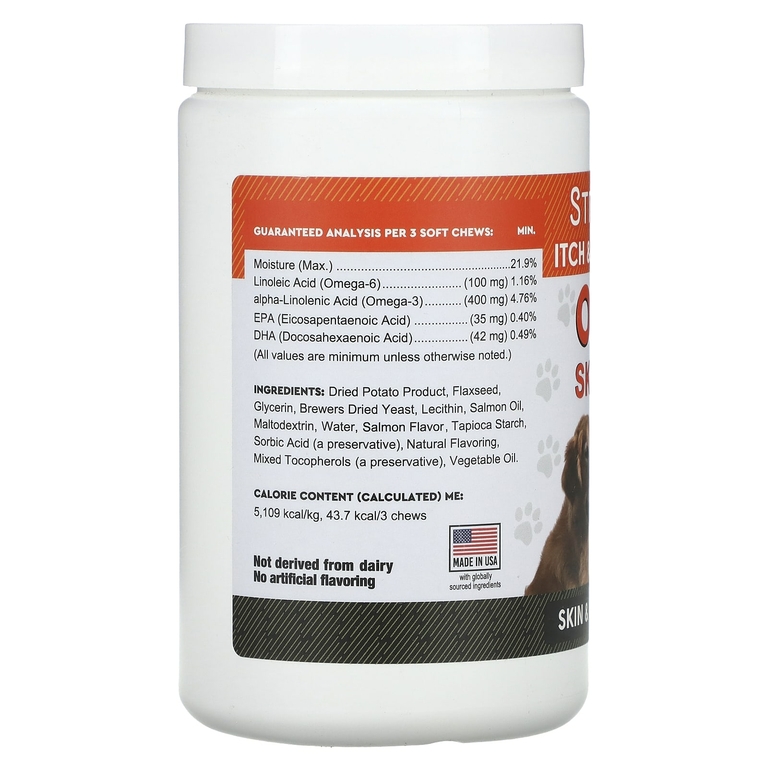StrellaLab, Omega Skin Health с жиром лосося, для собак и кошек, со вкусом лосося, 180 жевательных таблеток, 513 г (18 унций)